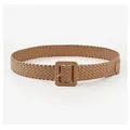 Khaki Japanese style braided wide belt with wrapped square buckle for women's dresses - Camel