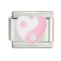 Stainless steel Italian charm link with a pink and white enamel yin-yang heart for DIY - Pink and White Yin Yang (CYL-033)