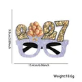 2027 purple glitter New Year party glasses featuring dimensions and weight info - New Year Glasses / 2027 Balloon Style