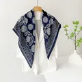 Elegant 90cm navy blue satin square scarf with white floral mandala pattern. - 90x90cm / Blue