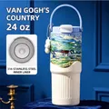 Close-up of 710ml Van Gogh style insulated tumbler with 316 stainless steel liner. - 24oz / Oil Painting Pastoral Art Style / Sky Blue