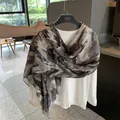 Gray cotton linen scarf with gold feather pattern for summer sunscreen shawl - Black Gold Feather (MZF-037 Black) / 180*90CM