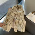 Elegant lightweight cotton linen scarf featuring an abstract marble pattern and frayed edges - Khaki Metallic Marble (MZF-037 Khaki) / 180*90CM