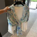 Blue floral print lightweight cotton linen scarf sun protection shawl - Blue Purple Floral (MZF-047 Main) / 180*90CM