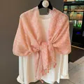 Elegant pink patterned lightweight scarf with tassels draped over a white shirt. - Pink Feather (MZF-015 Pink) / 180*90CM