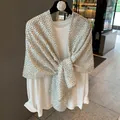 Elegant lightweight cream and gold polka dot silk shawl for summer sun protection - Cream White Polka Dot (MZF-160 Beige) / 180*90CM