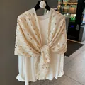 Elegant white summer scarf with gold foil feather pattern shown as a lightweight shawl wrap - Cream White Gold Feather (MZF-165 Beige) / 180*90CM
