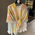 Vibrant watercolor cotton linen scarf with tassels and subtle gold glitter specks. - Colorful Gradient Gold Glitter (MZF-161 Colorful) / 180*90CM