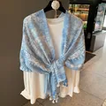 Elegant blue and white cotton linen scarf with tassel and feather pattern for women - Blue White Feather Vintage Geometric (MZF-158 Blue) / 180*90CM