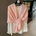 Elegant pink thin gauze scarf with gold stripes draped over a white long sleeve shirt - Pink Gold Stripe (MZF-159 Pink) / 180*90CM