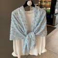 Light blue summer thin scarf with elegant gold feather foil print for women - Light Blue Gold Feather (MZF-165 Blue) / 180*90CM