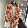 Lightweight summer cotton linen shawl with orange wave pattern and decorative tassels - Geometric Wave Orange Brown (MZF-153 Main) / 180*90CM