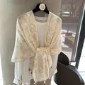 Elegant cream linen cotton scarf with beige floral pattern and tassels for summer sun protection - White Beige Abstract Floral (MZF-154 Main) / 180*90CM