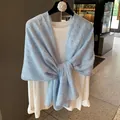 Blue and white striped lightweight summer scarf shawl with elegant gold foil details - Blue White Gold Stripe (MZF-159 Blue) / 180*90CM