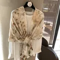 Elegant cotton linen scarf with tropical leaf print and colorful tassel fringe for summer - Beige Brown Palm Floral (MZF-151 Main) / 180*90CM
