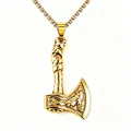Macro detail of gold Viking axe pendant with intricate Celtic wolf relief engraving - Gold Axe + Electroplated Chain