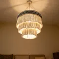 Handmade Bohemian three-layer white macrame tassel lampshade with grey braided top - z539 Large Style (40*35cm)