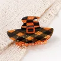 Stylische Halloween Hexenhut Haarklammer mit orange-schwarzem Karomuster für Damen - Orange-Schwarz Karierter Hexenhut Stil (C2-3-26)