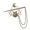 Vintage wolf head hair stick with crescent moon and hanging chains on white background - Antique Gold