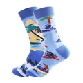 Trendy light blue crew socks featuring colorful tropical surfing and beach pattern - One Size / Blue/Orange (Surfing)
