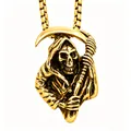 Detailed macro view of a golden titanium steel Grim Reaper scythe pendant for men - Gold Grim Reaper + Electroplated Chain