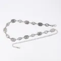 Bohemian retro silver metal waist chain belt for women with clear crystal accents - Vintage Carved Flat Oval (Antique Silver)