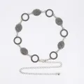 Vintage bohemian style silver metal waist chain belt with intricate circular and oval links - Vintage Carved Oval + Hollow Ring (Antique Silver)