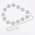 Elegant women's vintage silver metal waist chain belt with circular carved medallions - Hollow Round Disc (Silver)
