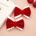 Sparkly red velvet bow hair clips with cute white pom-pom trim for girls and kids - Red Hair Clips (2 Pieces)