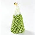 Handmade green Christmas tree scented candle with white snow top and gold bell accent - Olive Green Christmas Weeping Tree (Freesia)