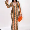 Detail view of the slim-fit V-neck long-sleeved maxi dress with colorful zigzag knit pattern - S / Top And Bottom / Orange