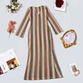 Close-up of elegant V-neck long sleeve knit maxi dress with colorful wave pattern - S / Top And Bottom / Apricot