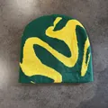 Cozy green and yellow knit beanie hat with abstract yellow flame pattern streetwear - One Size / Green & Yellow Flame Pattern