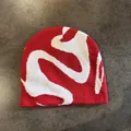 Red and white knitted beanie featuring a bold and stylish street-style swirl pattern. - One Size / Red & White Flame Pattern