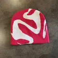Retro American style knit beanie with pink and white abstract wavy swan pattern design - One Size / Rose Pink Wave Pattern