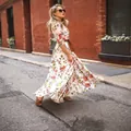 Elegante abito lungo bohémien bianco a fiori con gonna svasata per donna in vacanza - S / Bianco latte