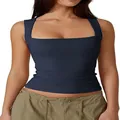 Detailansicht eines marineblauen ärmellosen Tanktops mit quadratischem Ausschnitt - S / Marineblau