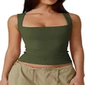 Detailaufnahme eines olivgrünen, ärmellosen Tanktops mit eng anliegendem Karree-Ausschnitt - S / Armeegrün