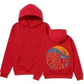 Détail d'un sweat à capuche rouge avec motif 'Here Comes The Sun' au dos. - S / Here Comes The Sun Print / Rouge