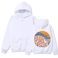 Vues avant et arrière détaillées d'un sweat à capuche blanc ample avec motif soleil rétro - S / Here Comes The Sun Print / Blanc