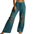 Pantalon large à cordon de serrage bleu sarcelle avec élégant imprimé fleuri pour femme - S / Bleu