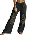 Pantalon noir large femme avec broderie florale élégante et cordon de taille - S / Noir
