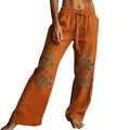 Pantalon large pour femme avec cordon de serrage et broderie florale en orange - S / Rouge Orangé