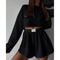 Detail of black hollow out long sleeve top and shorts pajama set for women fashion - S / Black
