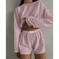Stylish pink long-sleeve hollow-out pajama set with comfortable shorts for women - S / Pink