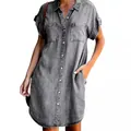 Classic grey denim shirt dress with short sleeves and button-down front for summer wear. - S / Gray