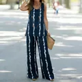 Ensemble décontracté d'été pour femmes : haut sans manches et pantalon large tie-dye - 3XL / Haut Et Bas / Rayures Bleu Marine et Blanches