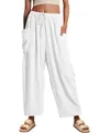 High-waist white cotton linen wide-leg pants for women with cargo pockets and drawstring - S / White
