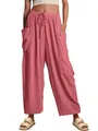 Casual pink cotton linen wide-leg pants with elastic drawstring waist and side pockets - Pink