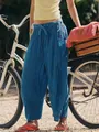 Blue striped cotton linen wide-leg pants with elastic waist and side pocket detail - Dark Blue Striped